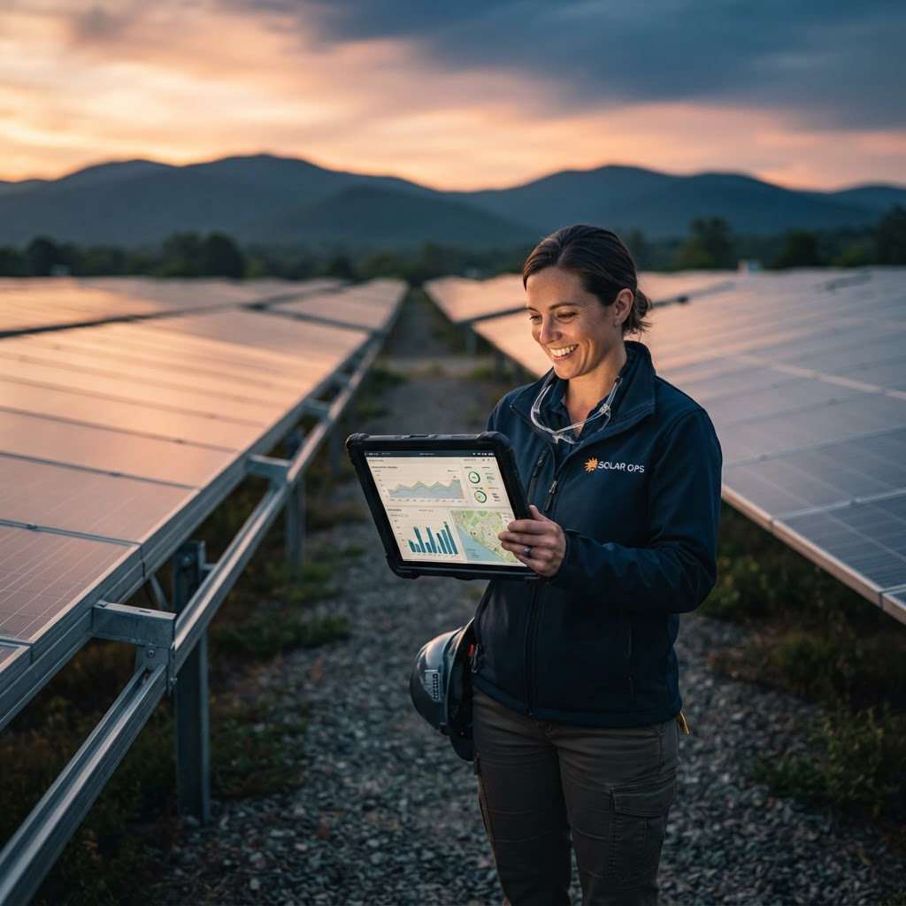 Solar technician reviewing a data dashboard on a tablet at a solar farm at dusk